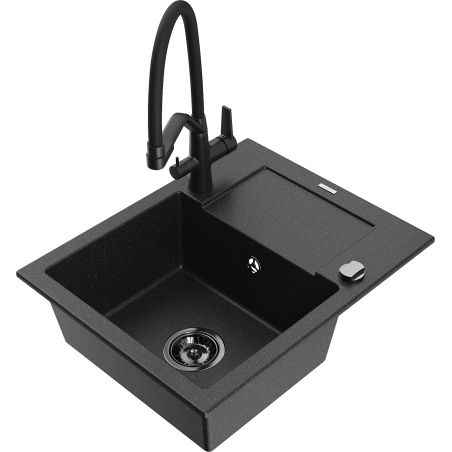 Mexen Enzo granitspüle mit 1 Becken, Abtropffläche und Küchenarmatur Duo, schwarz/silber metallic - 6506-73-671701-70-B