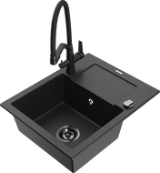 Mexen Enzo granitspüle mit 1 Becken, Abtropffläche und Küchenarmatur Duo, schwarz/silber metallic - 6506-73-671701-70-B