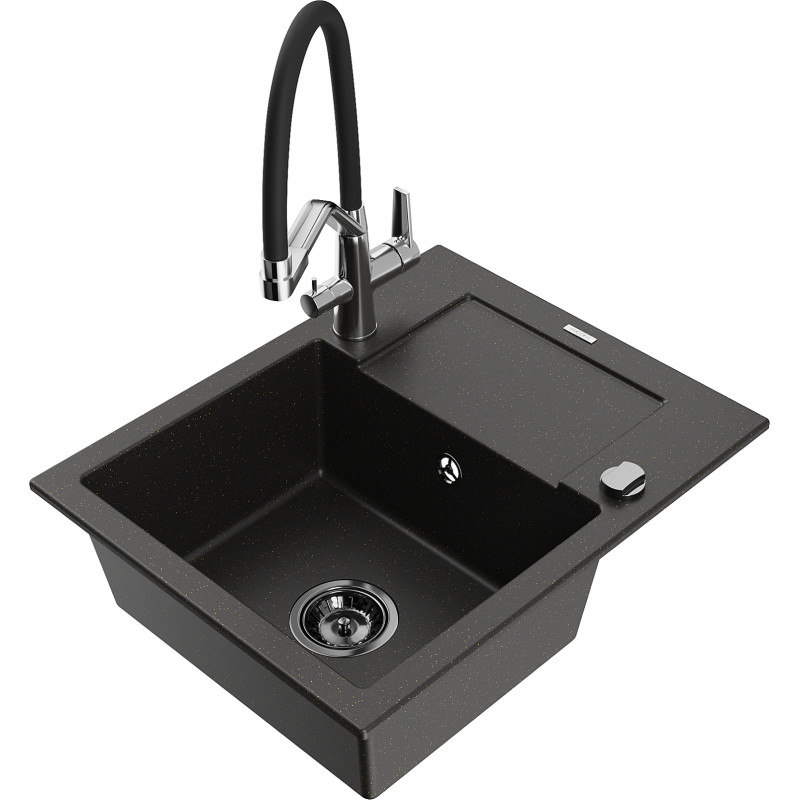 Mexen Enzo Granitspüle 1-Becken mit Abtropffläche und Küchenarmatur Duo, schwarz/gold metallic - 6506-75-671701-07-B