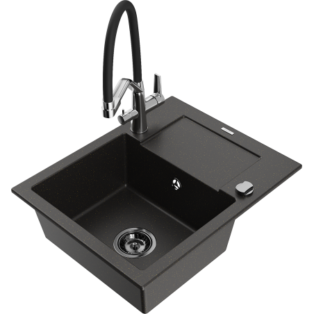 Mexen Enzo Granitspüle 1-Becken mit Abtropffläche und Küchenarmatur Duo, schwarz/gold metallic - 6506-75-671701-07-B