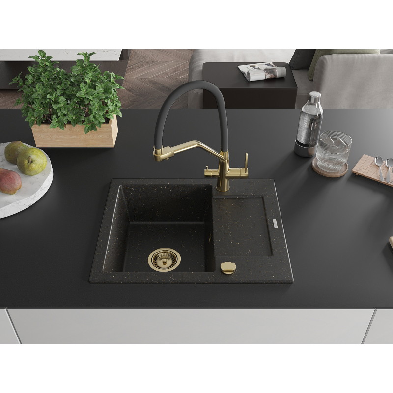 Mexen Enzo granitspüle 1-beckig mit Abtropffläche und Küchenarmatur Duo, schwarz/gold metallic - 6506-75-671701-57-G