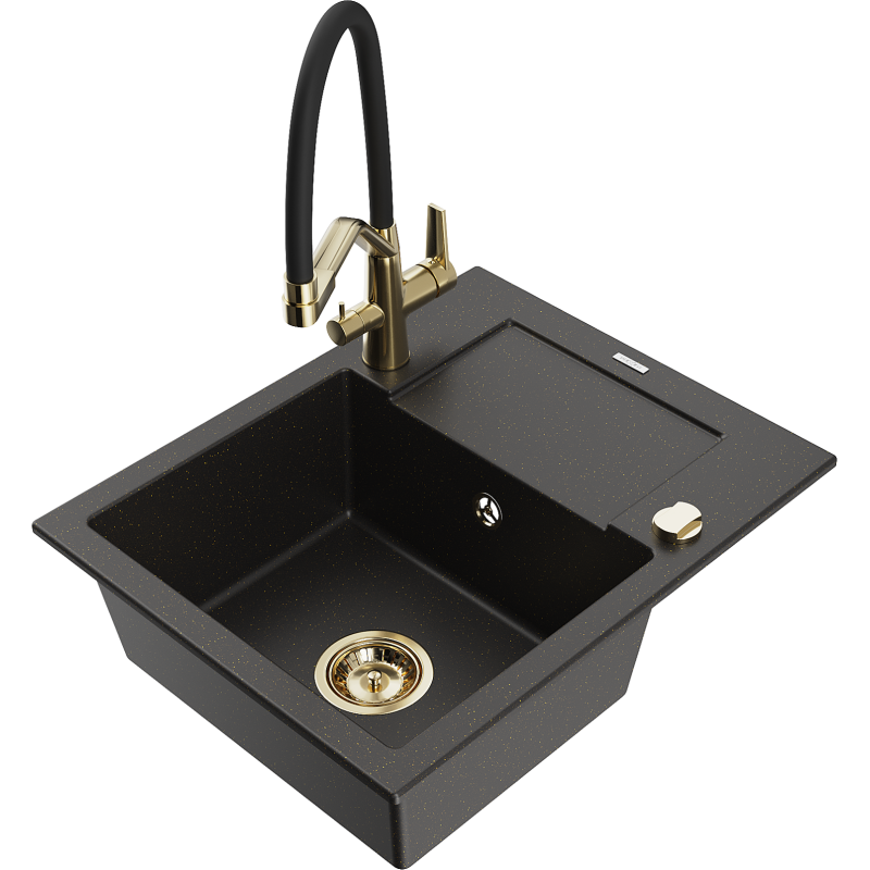 Mexen Enzo Granitspüle 1-Becken mit Abtropffläche und Küchenarmatur Duo, schwarz/goldener Metallic - 6506-75-671701-57-G