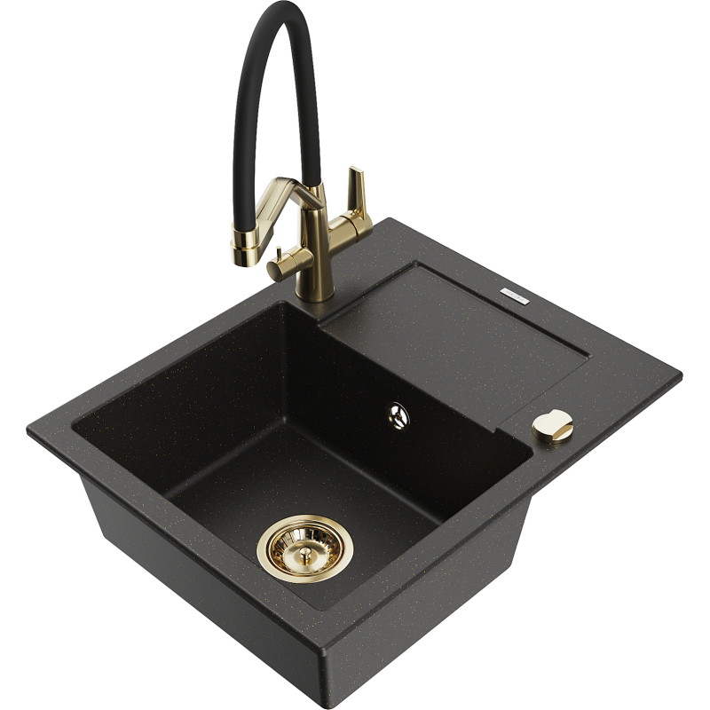 Mexen Enzo granitspüle 1-beckig mit Abtropffläche und Küchenarmatur Duo, schwarz/gold metallic - 6506-75-671701-57-G