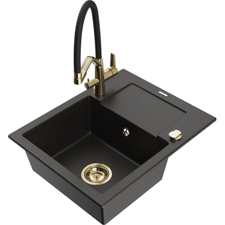 Mexen Enzo Granitspüle 1-Becken mit Abtropffläche und Küchenarmatur Duo, schwarz/goldener Metallic - 6506-75-671701-57-G