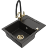 Mexen Enzo Granitspüle 1-Becken mit Abtropffläche und Küchenarmatur Duo, schwarz/goldener Metallic - 6506-75-671701-57-G