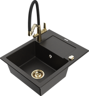 Mexen Enzo Granitspüle 1-Becken mit Abtropffläche und Küchenarmatur Duo, schwarz/goldener Metallic - 6506-75-671701-57-G