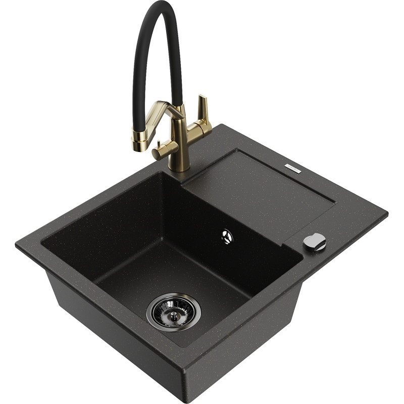 Mexen Enzo Granitspüle 1-Becken mit Abtropffläche und Küchenarmatur Duo, schwarz/gold metallisch - 6506-75-671701-57-B