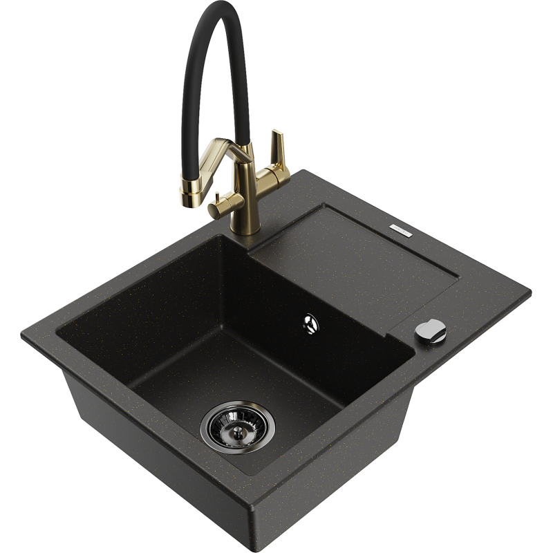 Mexen Enzo Granitspüle 1-beckig mit Abtropffläche und Küchenarmatur Duo, Schwarz/Gold Metallic - 6506-75-671701-57-B