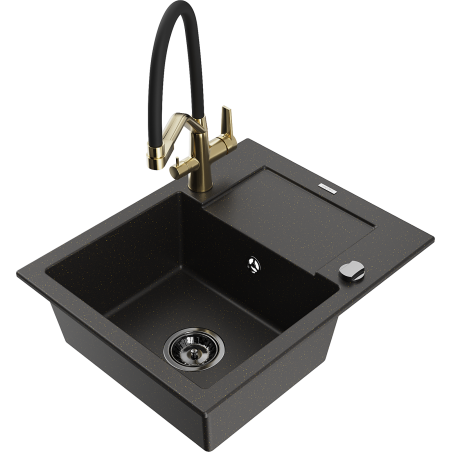 Mexen Enzo Granitspüle 1-beckig mit Abtropffläche und Küchenarmatur Duo, Schwarz/Gold Metallic - 6506-75-671701-57-B