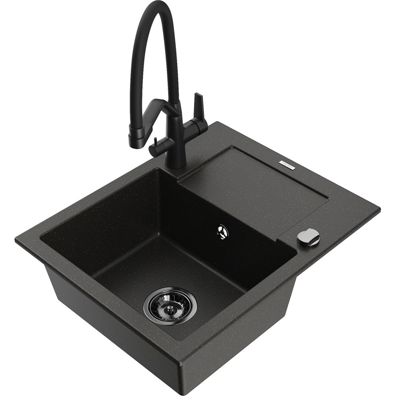 Mexen Enzo Granitspüle ein Becken mit Abtropffläche und Küchenarmatur Duo, schwarz/gold metallic - 6506-75-671701-70-B