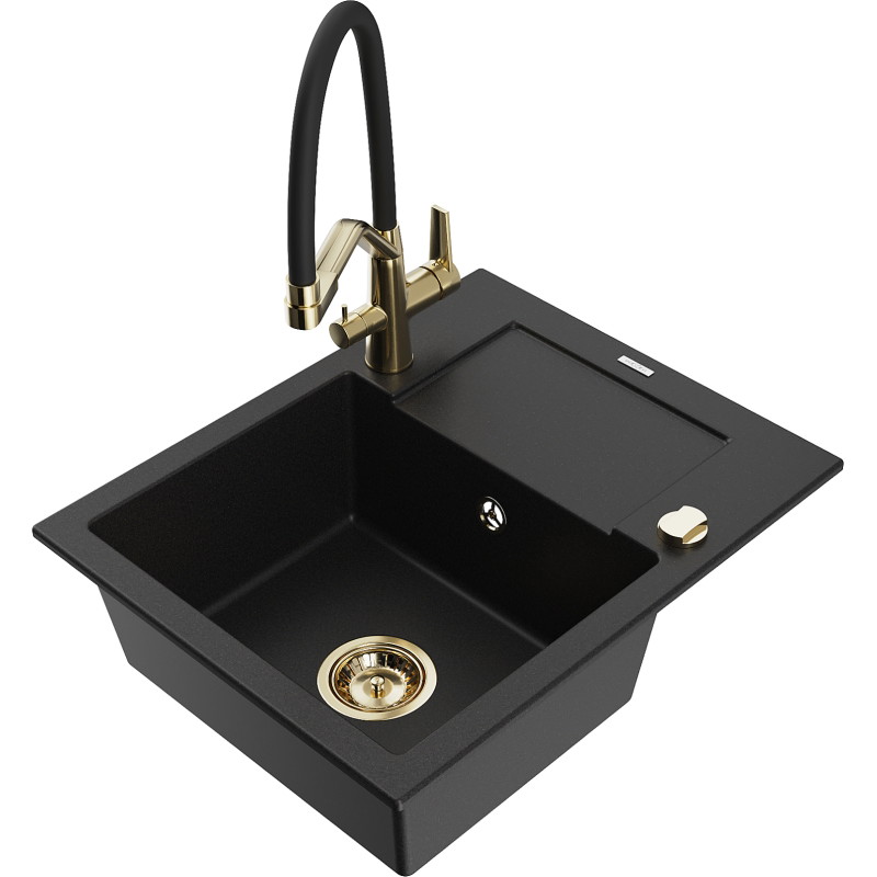 Mexen Enzo Granitspüle 1-beckig mit Abtropffläche und Küchenarmatur Duo, schwarz - 6506-77-671701-57-G