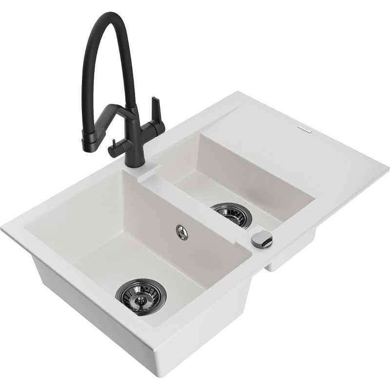 Mexen Gaspar Granitspüle 1,5-Becken mit Abtropffläche und Küchenarmatur Duo, weiß - 6507-20-671701-70-B