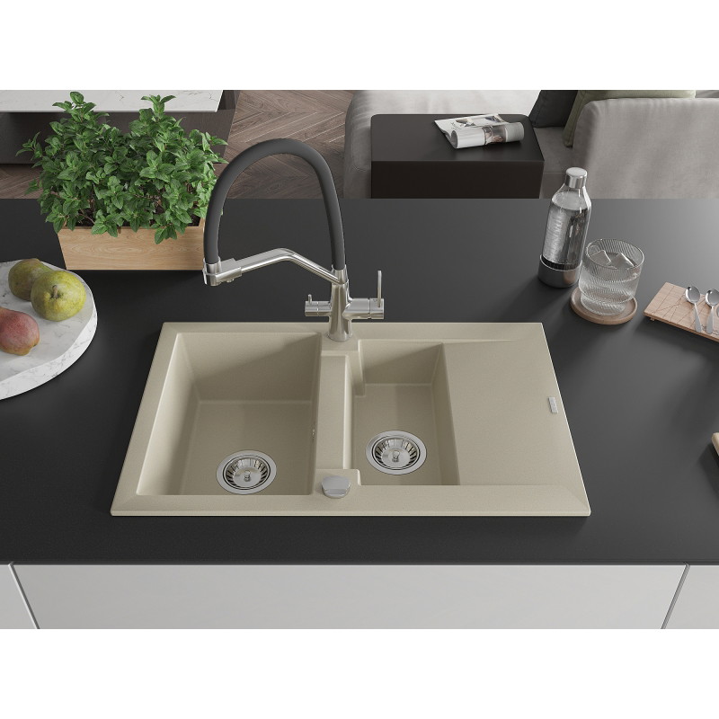 Mexen Gaspar Granitspüle 1,5-Becken mit Abtropffläche und Küchenarmatur Duo, beige - 6507-69-671701-07