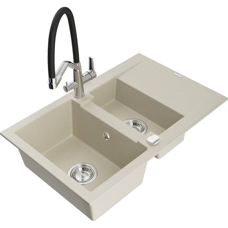 Mexen Gaspar Granitspüle 1,5-Becken mit Abtropffläche und Küchenarmatur Duo, beige - 6507-69-671701-07