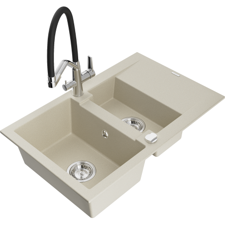 Mexen Gaspar granitspüle 1,5-kammer mit abtropffläche und küchenarmatur Duo, beige - 6507-69-671701-07