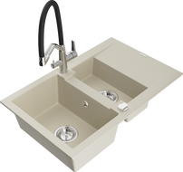 Mexen Gaspar Granitspüle 1,5-fach mit Abtropffläche und Küchenarmatur Duo, beige - 6507-69-671701-07