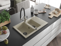 Mexen Gaspar Granitspüle 1,5-Becken mit Abtropffläche und Küchenarmatur Duo, beige - 6507-69-671701-07-B