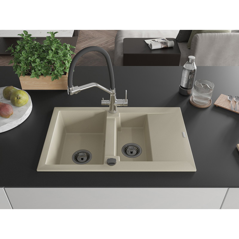 Mexen Gaspar Granitspüle 1,5-Becken mit Abtropffläche und Küchenarmatur Duo, beige - 6507-69-671701-07-B