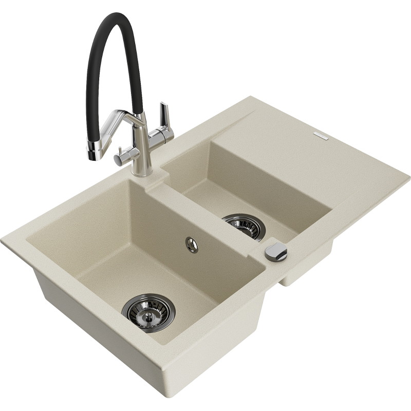Mexen Gaspar 1,5-Kammer Granitspüle mit Abtropffläche und Küchenarmatur Duo, beige - 6507-69-671701-07-B