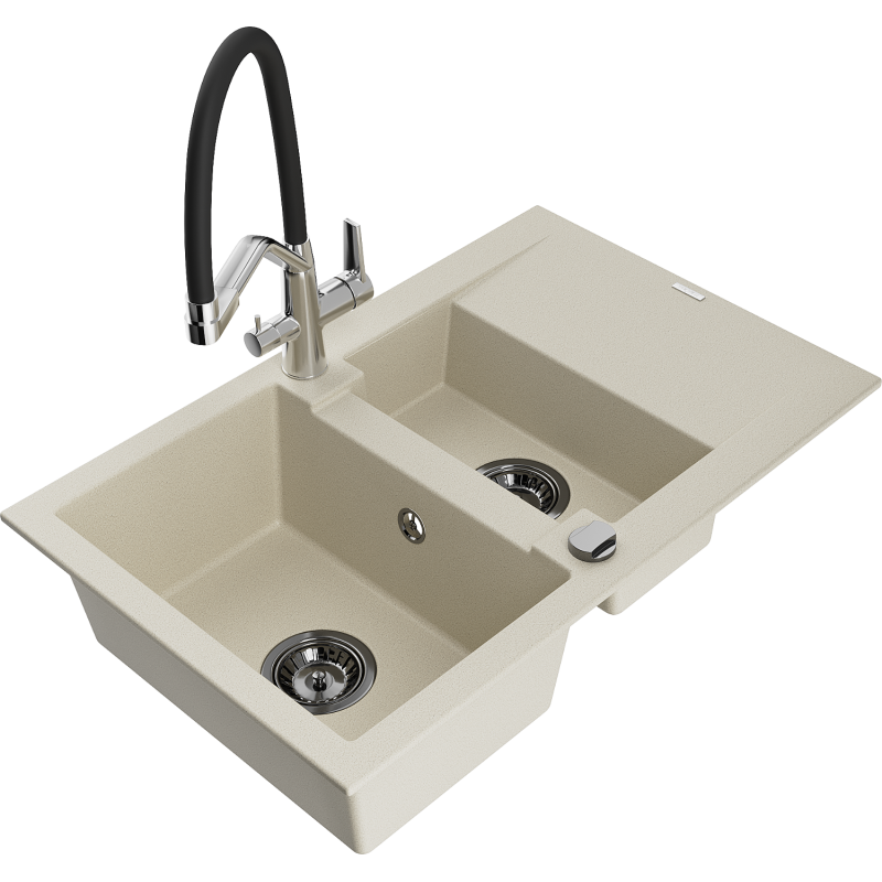 Mexen Gaspar Granitspüle 1,5-Becken mit Abtropffläche und Küchenarmatur Duo, beige - 6507-69-671701-07-B