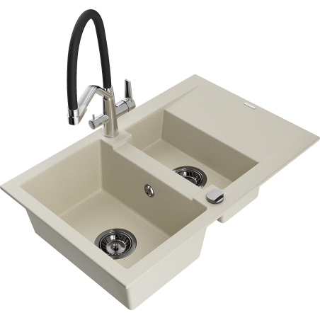 Mexen Gaspar Granitspüle 1,5-Becken mit Abtropffläche und Küchenarmatur Duo, beige - 6507-69-671701-07-B