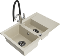 Mexen Gaspar Granitspüle 1,5-Becken mit Abtropffläche und Küchenarmatur Duo, beige - 6507-69-671701-07-B