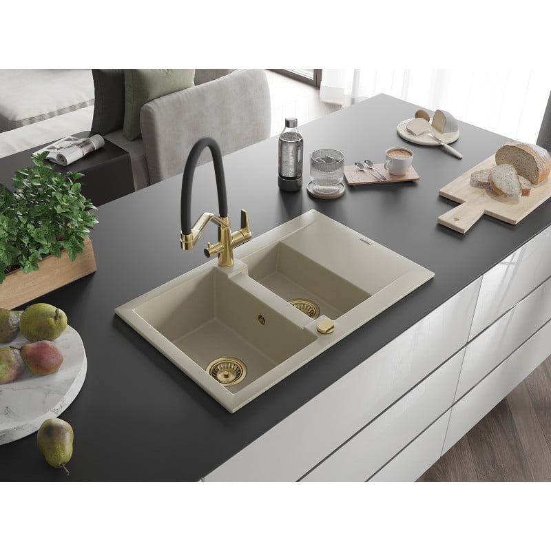 Mexen Gaspar Granitspüle 1,5-Becken mit Abtropffläche und Küchenarmatur Duo, beige - 6507-69-671701-57-G