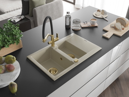 Mexen Gaspar Granitspüle 1,5-Becken mit Abtropffläche und Küchenarmatur Duo, beige - 6507-69-671701-57-G