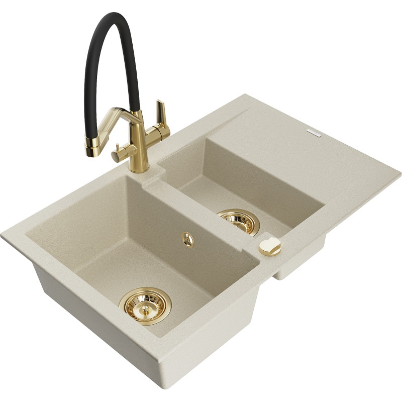 Mexen Gaspar 1,5-Kammer Granitspüle mit Abtropffläche und Küchenarmatur Duo, beige - 6507-69-671701-57-G