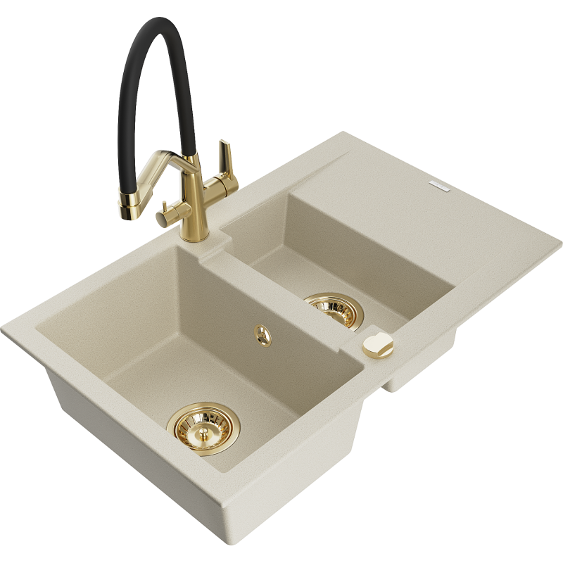 Mexen Gaspar Granitspüle 1,5-Becken mit Abtropffläche und Küchenarmatur Duo, beige - 6507-69-671701-57-G
