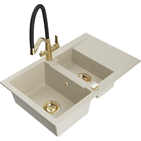 Mexen Gaspar Granitspüle 1,5-Becken mit Abtropffläche und Küchenarmatur Duo, beige - 6507-69-671701-57-G