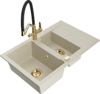 Mexen Gaspar Granitspüle 1,5-Becken mit Abtropffläche und Küchenarmatur Duo, beige - 6507-69-671701-57-G