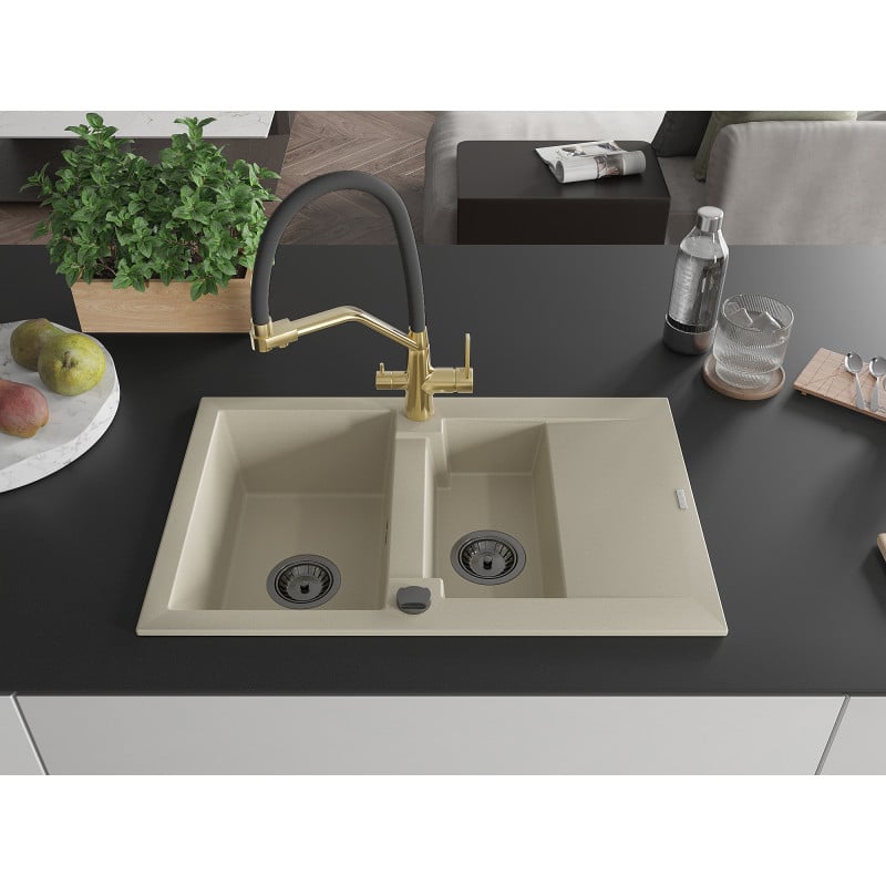 Mexen Gaspar Granitspüle 1,5-becken mit Abtropffläche und Küchenarmatur Duo, beige - 6507-69-671701-57-B
