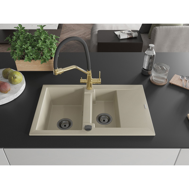 Mexen Gaspar Granitspüle 1,5-beckig mit Abtropffläche und Küchenarmatur Duo, beige - 6507-69-671701-57-B
