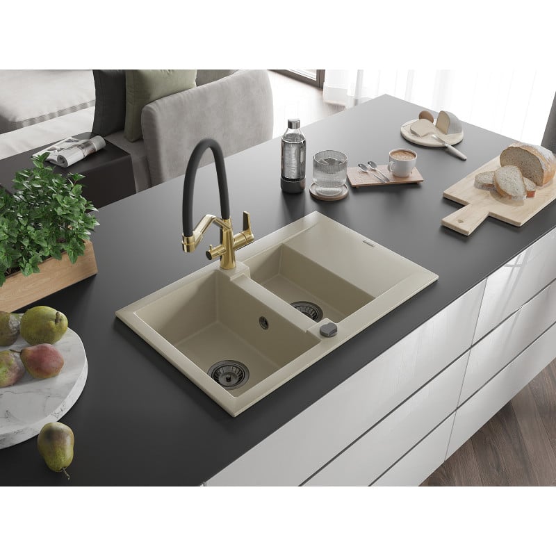 Mexen Gaspar Granitspüle 1,5-becken mit Abtropffläche und Küchenarmatur Duo, beige - 6507-69-671701-57-B