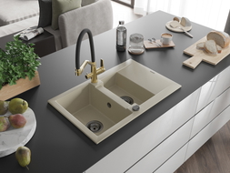 Mexen Gaspar Granitspüle 1,5-becken mit Abtropffläche und Küchenarmatur Duo, beige - 6507-69-671701-57-B