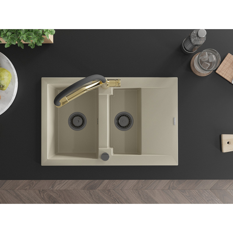Mexen Gaspar Granitspüle 1,5-becken mit Abtropffläche und Küchenarmatur Duo, beige - 6507-69-671701-57-B