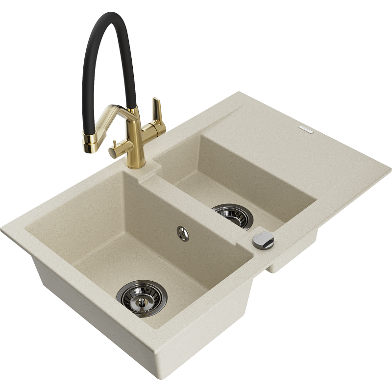 Mexen Gaspar Granitspüle 1,5-becken mit Abtropffläche und Küchenarmatur Duo, beige - 6507-69-671701-57-B