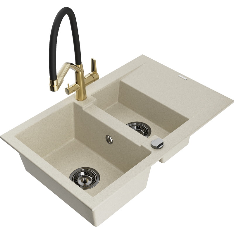 Mexen Gaspar Granitspüle 1,5-beckig mit Abtropffläche und Küchenarmatur Duo, beige - 6507-69-671701-57-B