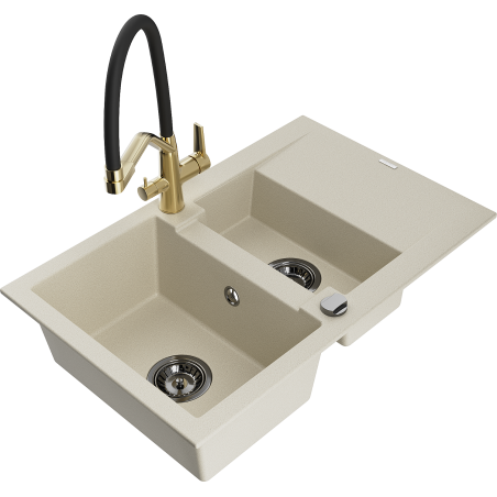 Mexen Gaspar Granitspüle 1,5-becken mit Abtropffläche und Küchenarmatur Duo, beige - 6507-69-671701-57-B