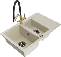 Mexen Gaspar Granitspüle 1,5-becken mit Abtropffläche und Küchenarmatur Duo, beige - 6507-69-671701-57-B