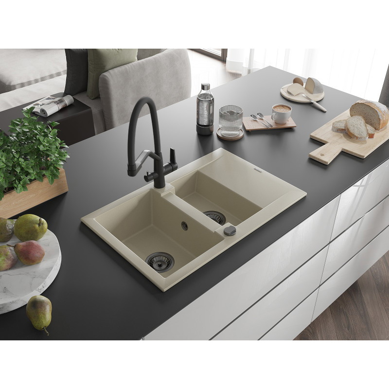 Mexen Gaspar Granitspüle 1,5-Becken mit Abtropffläche und Küchenarmatur Duo, beige - 6507-69-671701-70-B