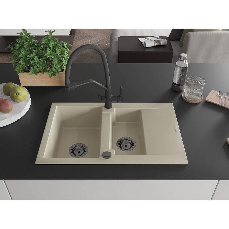 Mexen Gaspar Granitspüle 1,5-Becken mit Abtropffläche und Küchenarmatur Duo, beige - 6507-69-671701-70-B