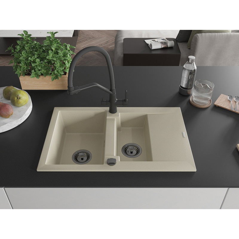Mexen Gaspar Granitspüle 1,5-Kammer mit Abtropffläche und Küchenarmatur Duo, beige - 6507-69-671701-70-B