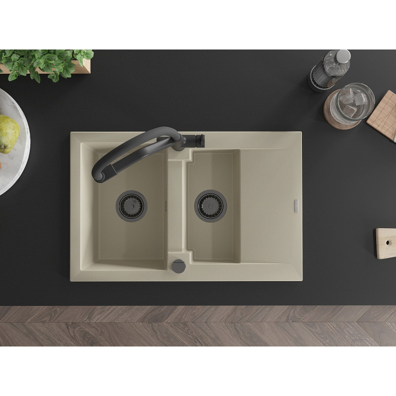 Mexen Gaspar granitspüle 1,5-becken mit abtropfbereich und küchenarmatur Duo, beige - 6507-69-671701-70-B