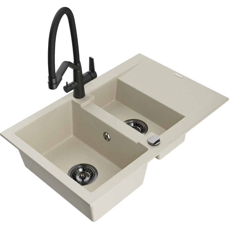 Mexen Gaspar Granitspüle 1,5-Becken mit Abtropffläche und Küchenarmatur Duo, beige - 6507-69-671701-70-B