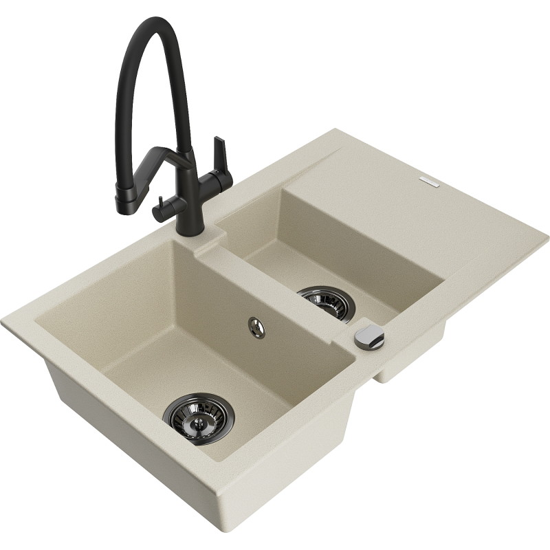 Mexen Gaspar Granitspüle 1,5-Kammer mit Abtropffläche und Küchenarmatur Duo, beige - 6507-69-671701-70-B