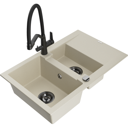 Mexen Gaspar Granitspüle 1,5-Becken mit Abtropffläche und Küchenarmatur Duo, beige - 6507-69-671701-70-B
