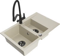 Mexen Gaspar Granitspüle 1,5-Becken mit Abtropffläche und Küchenarmatur Duo, beige - 6507-69-671701-70-B