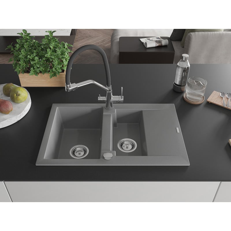 Mexen Gaspar Granitspüle 1,5-fach mit Abtropffläche und Küchenarmatur Duo, grau - 6507-71-671701-07